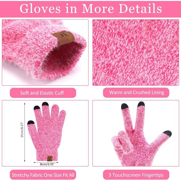 Women's Pink Red Warm Knit Beanie Hat Touchscreen Gloves Long Neck Scarf Set - Picture 3 of 6